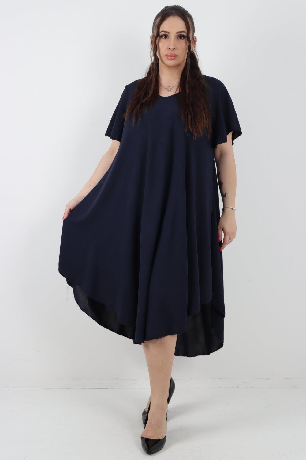 Plain V neck Swing Midi Dress - Lashra Fashion