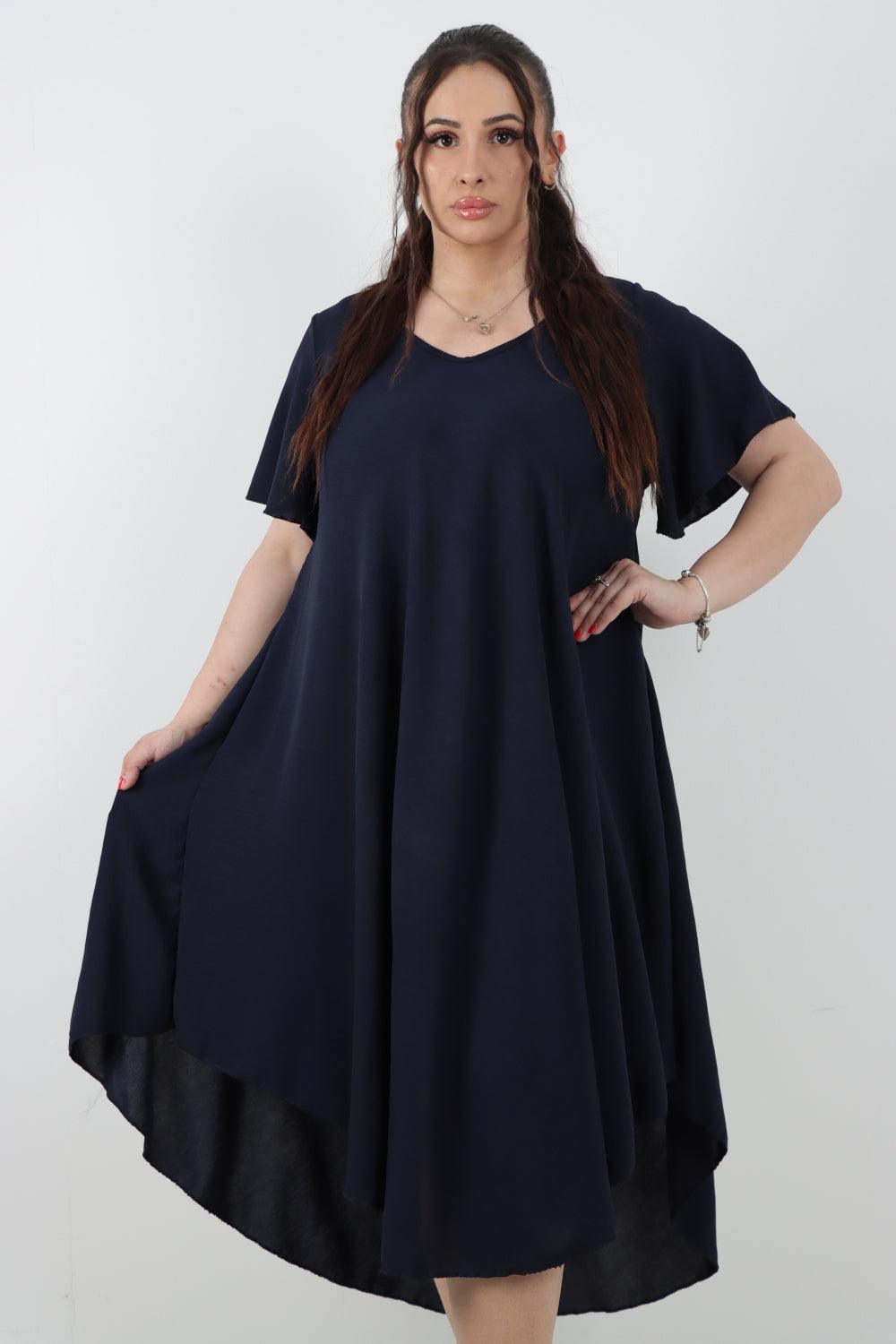 Plain V neck Swing Midi Dress - Lashra Fashion