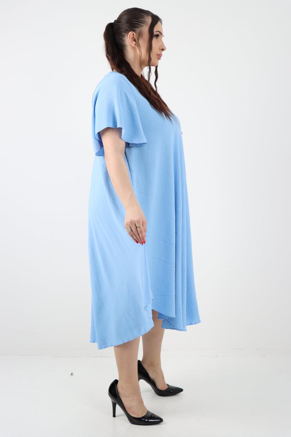 Plain V neck Swing Midi Dress - Lashra Fashion