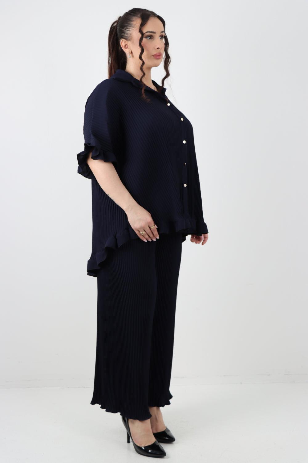 Button Down Pleated Shirt & Trouser Co Ord Set - Lashra Fashion