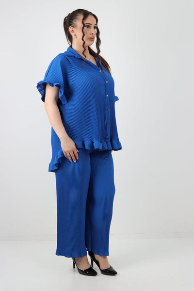 Button Down Pleated Shirt & Trouser Co Ord Set - Lashra Fashion