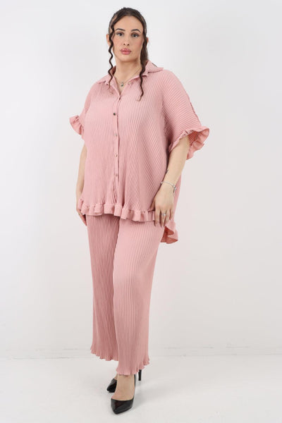 Button Down Pleated Shirt & Trouser Co Ord Set - Lashra Fashion