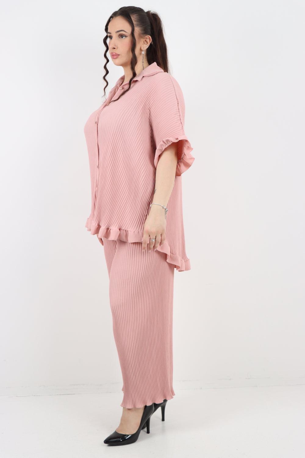 Button Down Pleated Shirt & Trouser Co Ord Set - Lashra Fashion