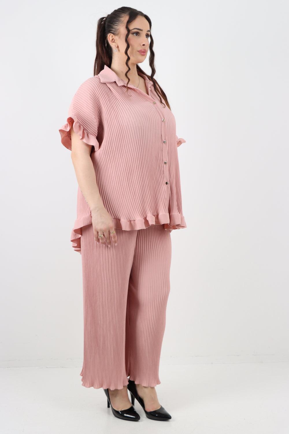 Button Down Pleated Shirt & Trouser Co Ord Set - Lashra Fashion