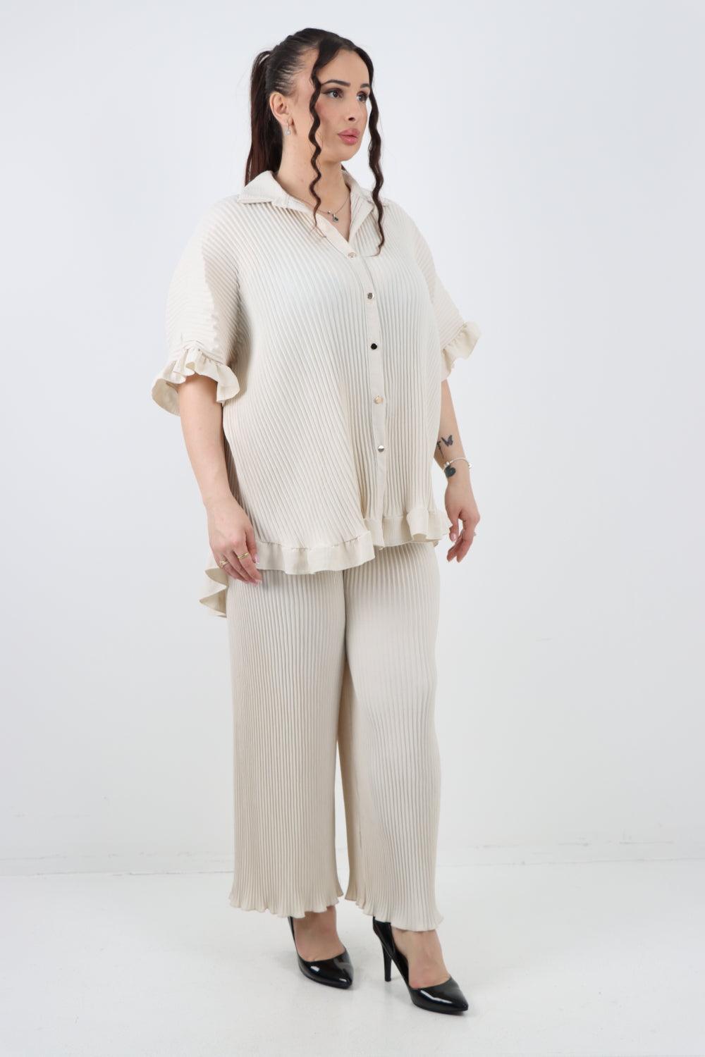 Button Down Pleated Shirt & Trouser Co Ord Set - Lashra Fashion