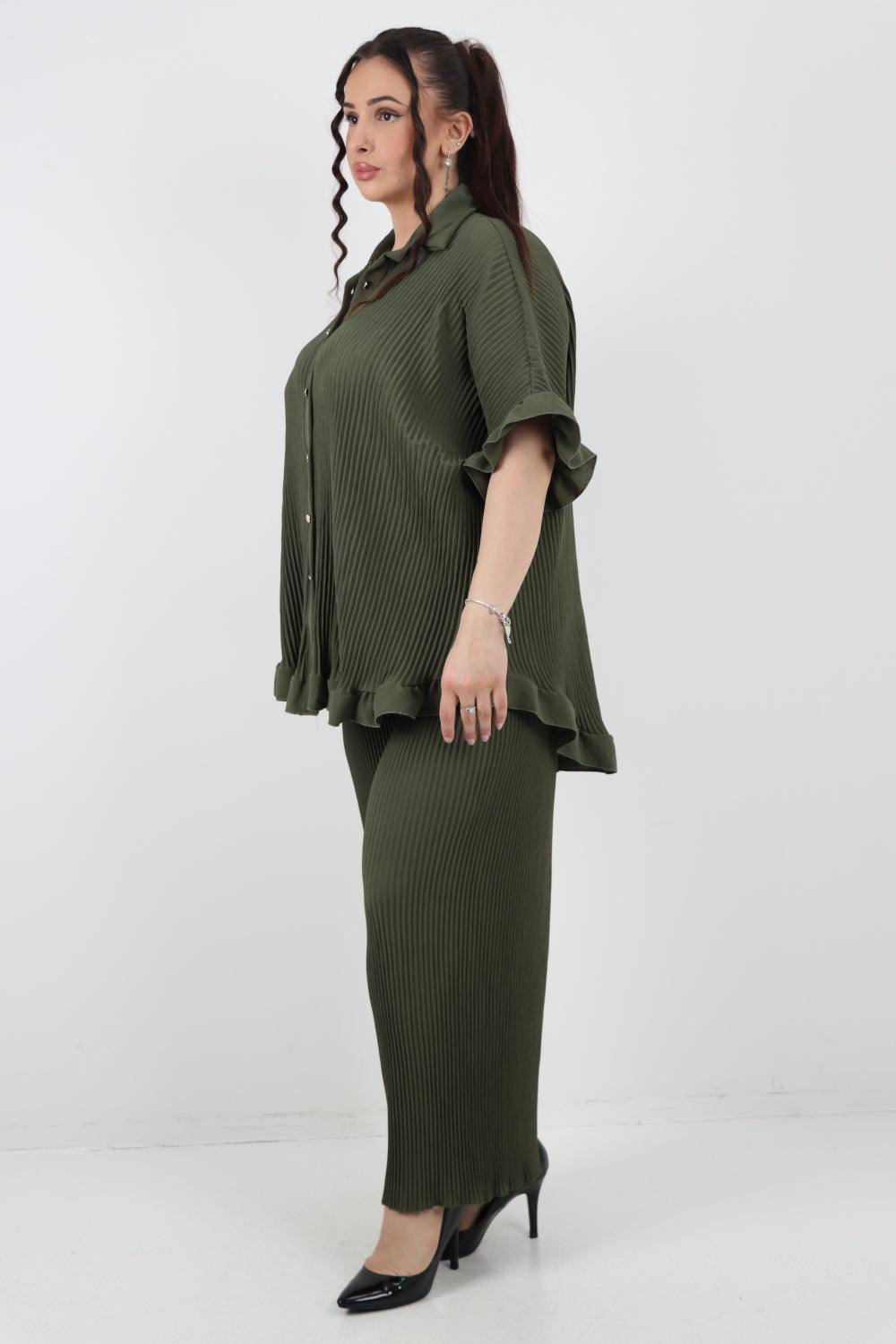 Button Down Pleated Shirt & Trouser Co Ord Set - Lashra Fashion