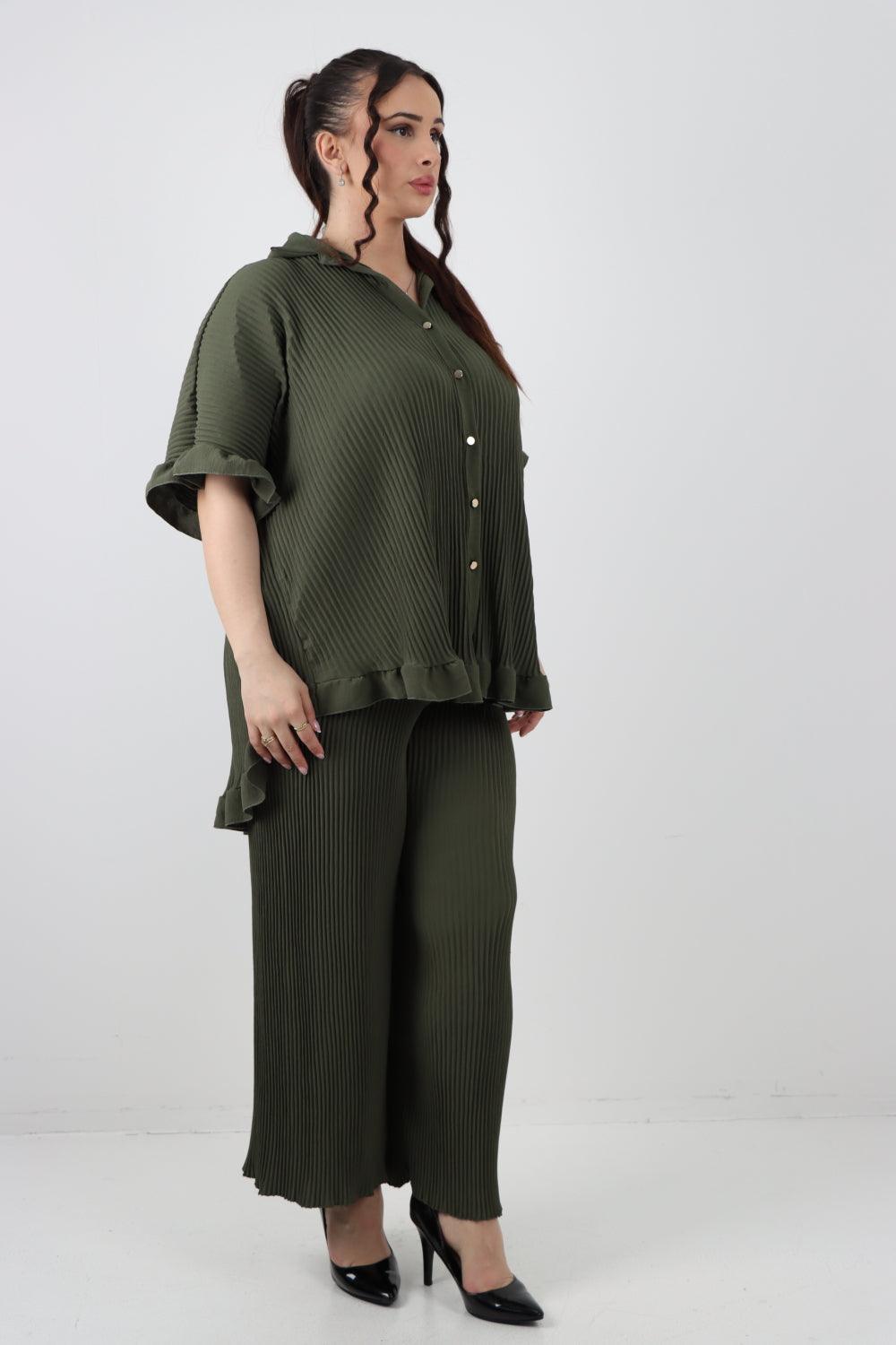 Button Down Pleated Shirt & Trouser Co Ord Set - Lashra Fashion