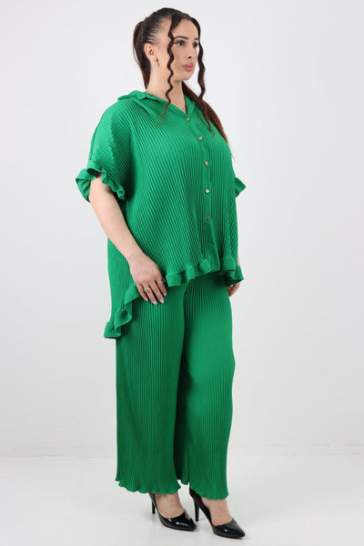 Button Down Pleated Shirt & Trouser Co Ord Set - Lashra Fashion