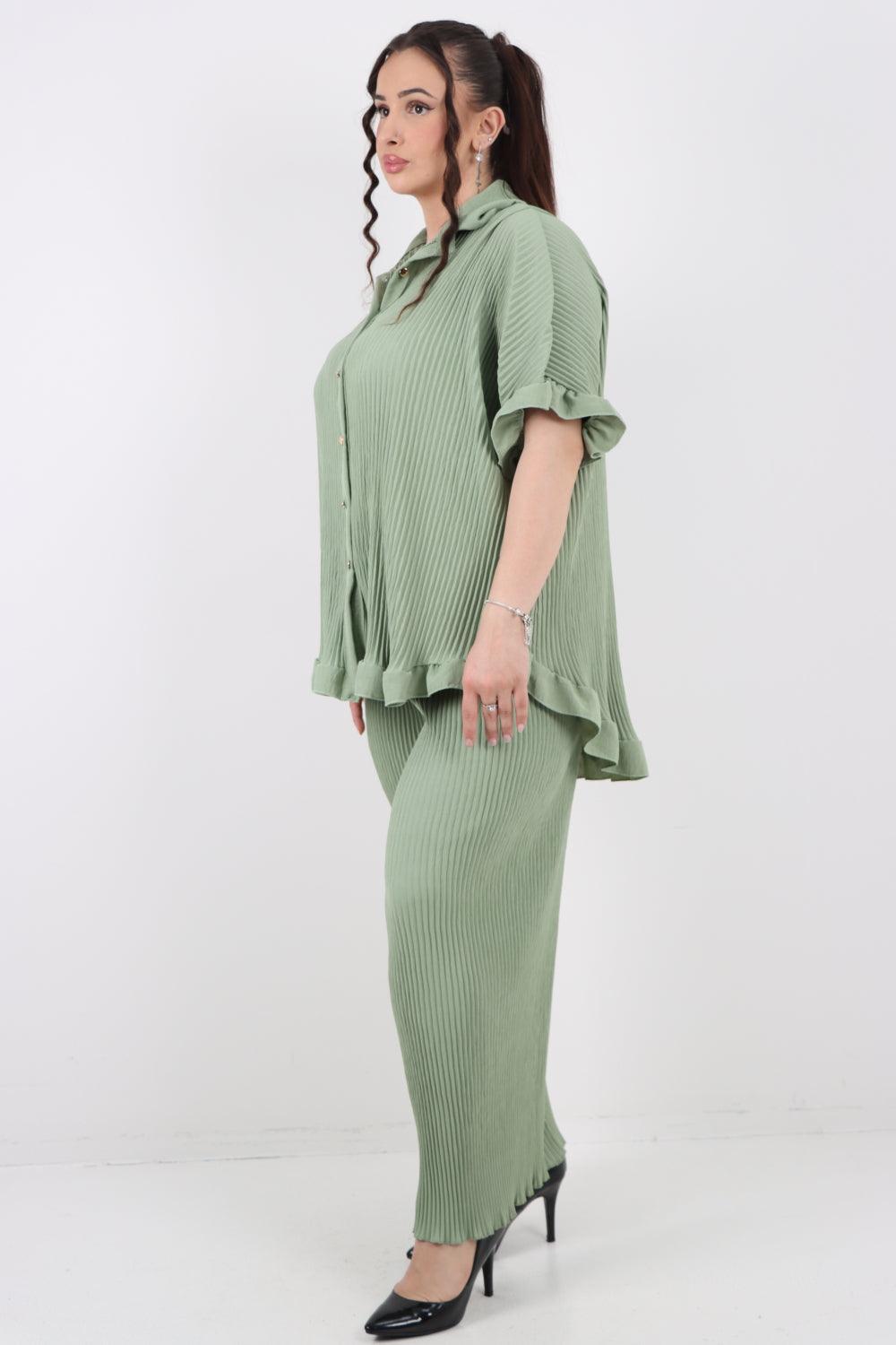 Button Down Pleated Shirt & Trouser Co Ord Set - Lashra Fashion