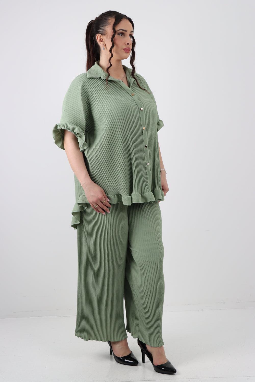 Button Down Pleated Shirt & Trouser Co Ord Set - Lashra Fashion