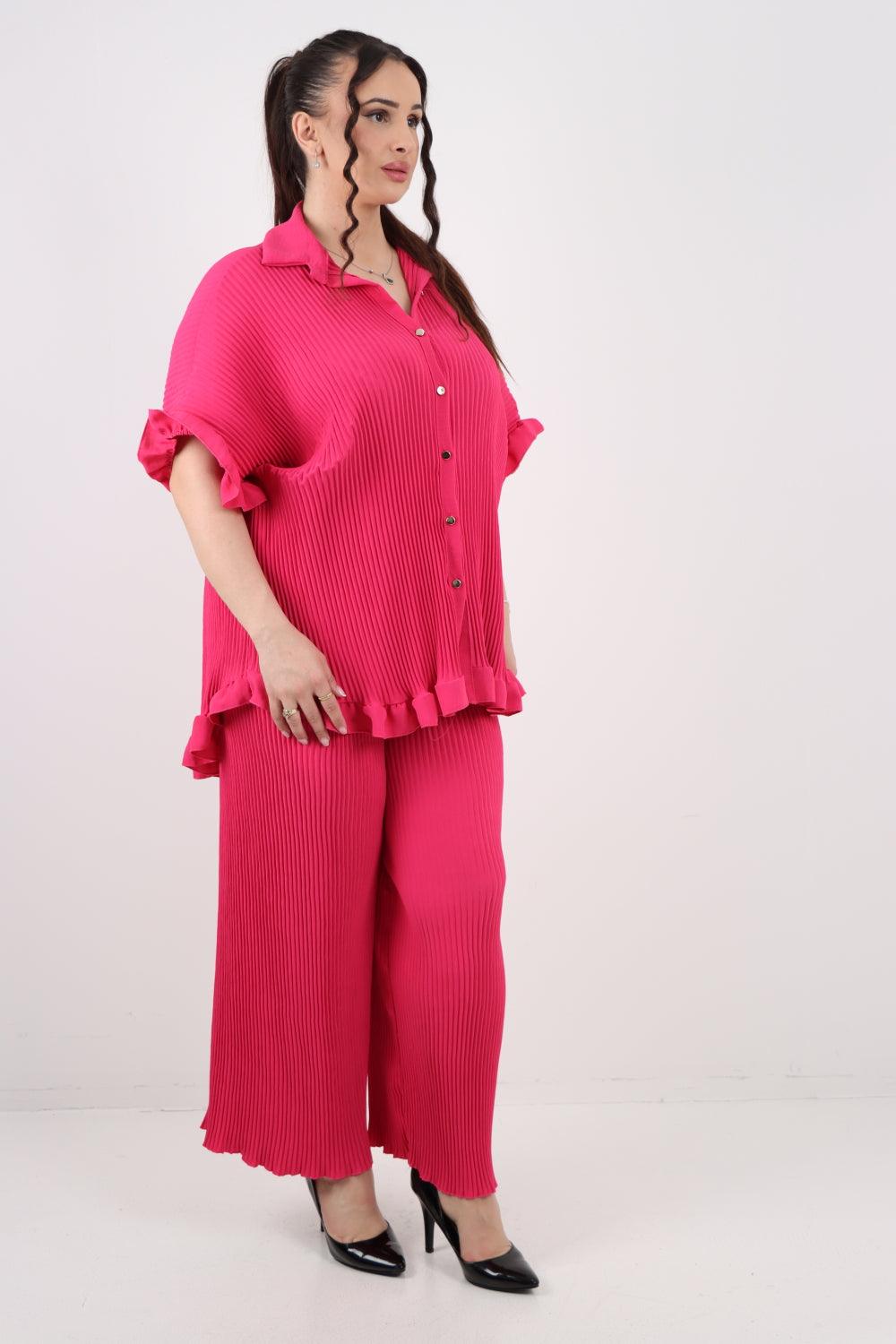 Button Down Pleated Shirt & Trouser Co Ord Set - Lashra Fashion