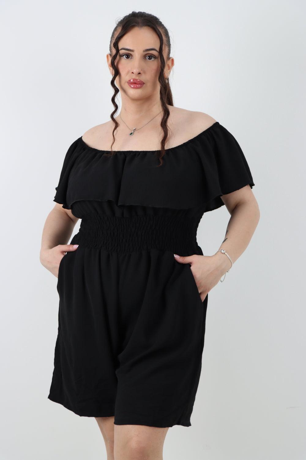 Italian Bardot Overlay Shirred Elasticated Waist Playsuit - Lashra Fashion