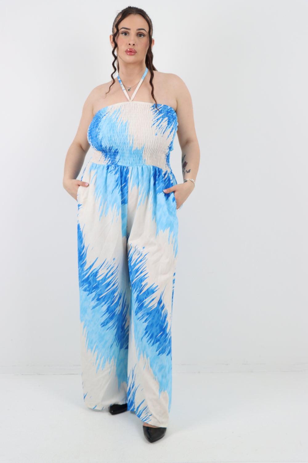 Halter Neck Side Pockets Tie Dye Jumpsuit - Lashra Fashion