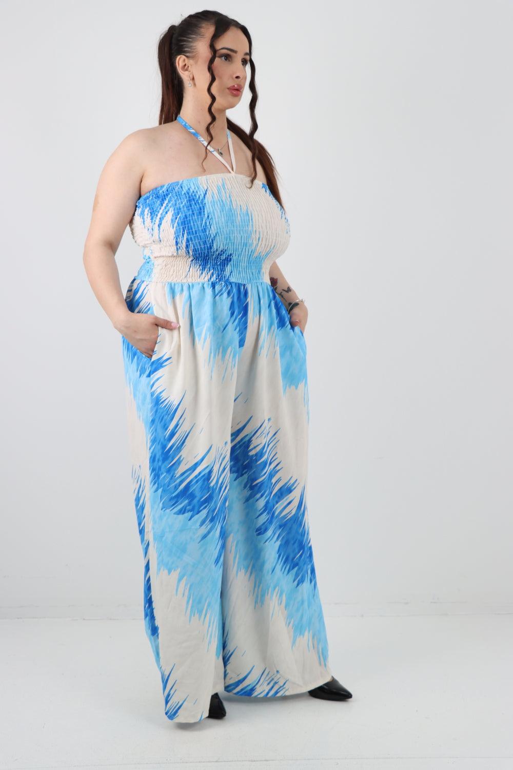 Halter Neck Side Pockets Tie Dye Jumpsuit - Lashra Fashion