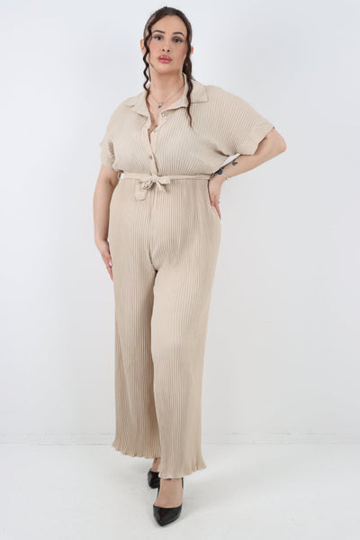 Pleated Waist Tie Short Sleeve Jumpsuit - Lashra Fashion