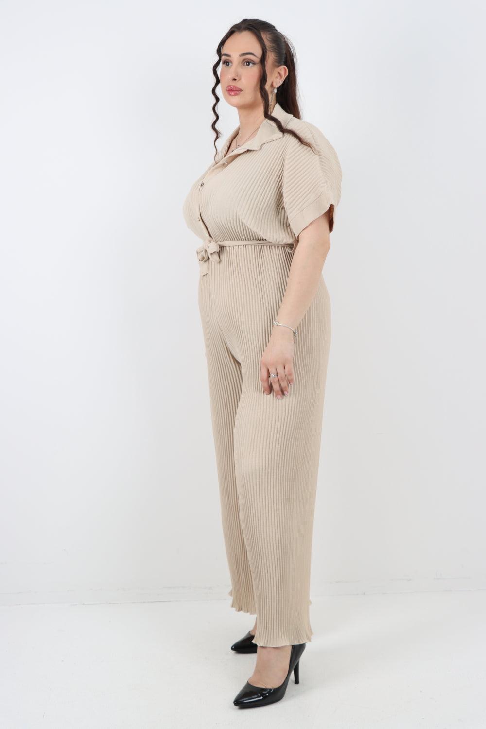 Pleated Waist Tie Short Sleeve Jumpsuit - Lashra Fashion