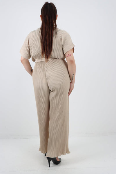 Pleated Waist Tie Short Sleeve Jumpsuit - Lashra Fashion