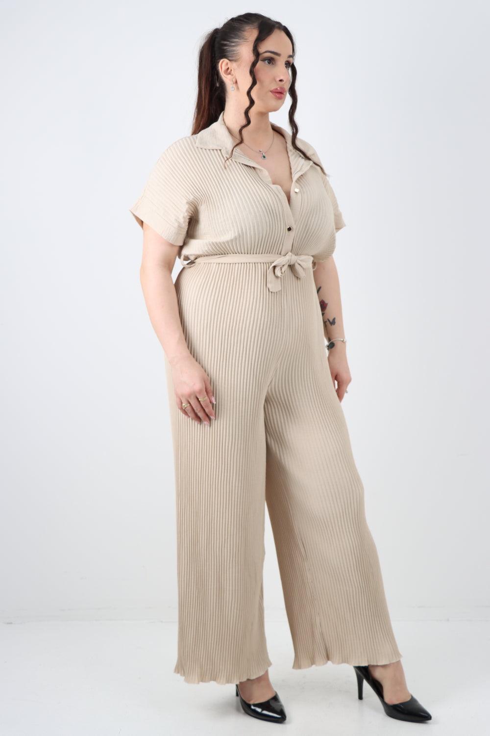 Pleated Waist Tie Short Sleeve Jumpsuit - Lashra Fashion