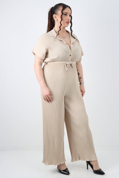 Pleated Waist Tie Short Sleeve Jumpsuit - Lashra Fashion