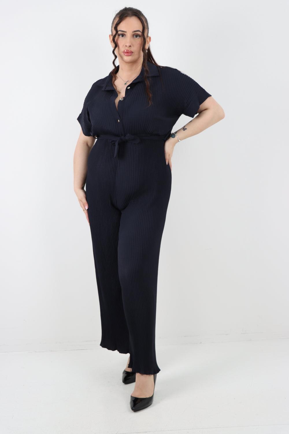 Pleated Waist Tie Short Sleeve Jumpsuit - Lashra Fashion