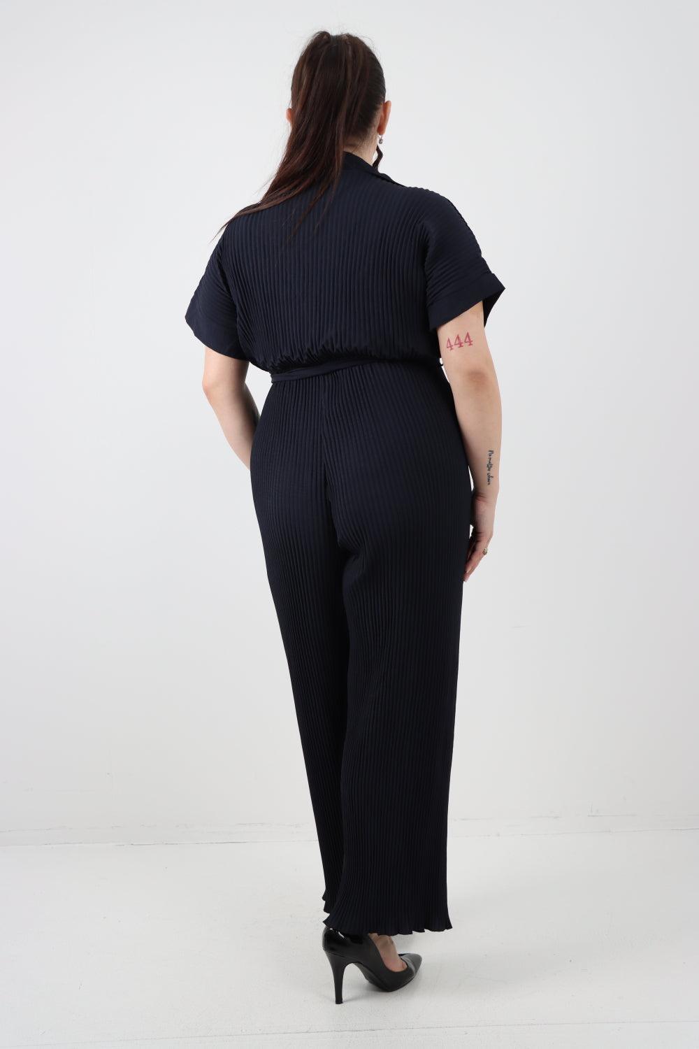 Pleated Waist Tie Short Sleeve Jumpsuit - Lashra Fashion