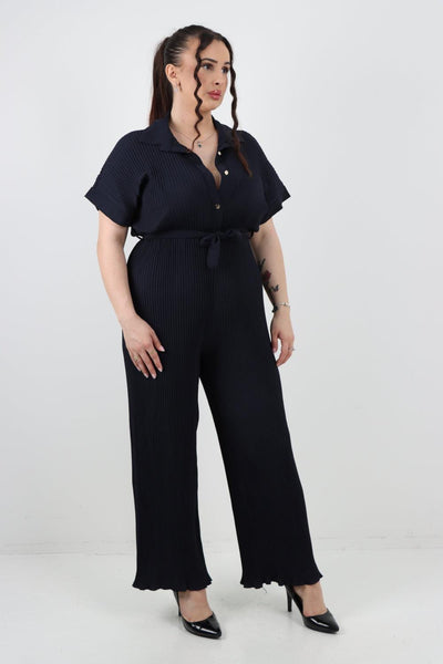 Pleated Waist Tie Short Sleeve Jumpsuit - Lashra Fashion