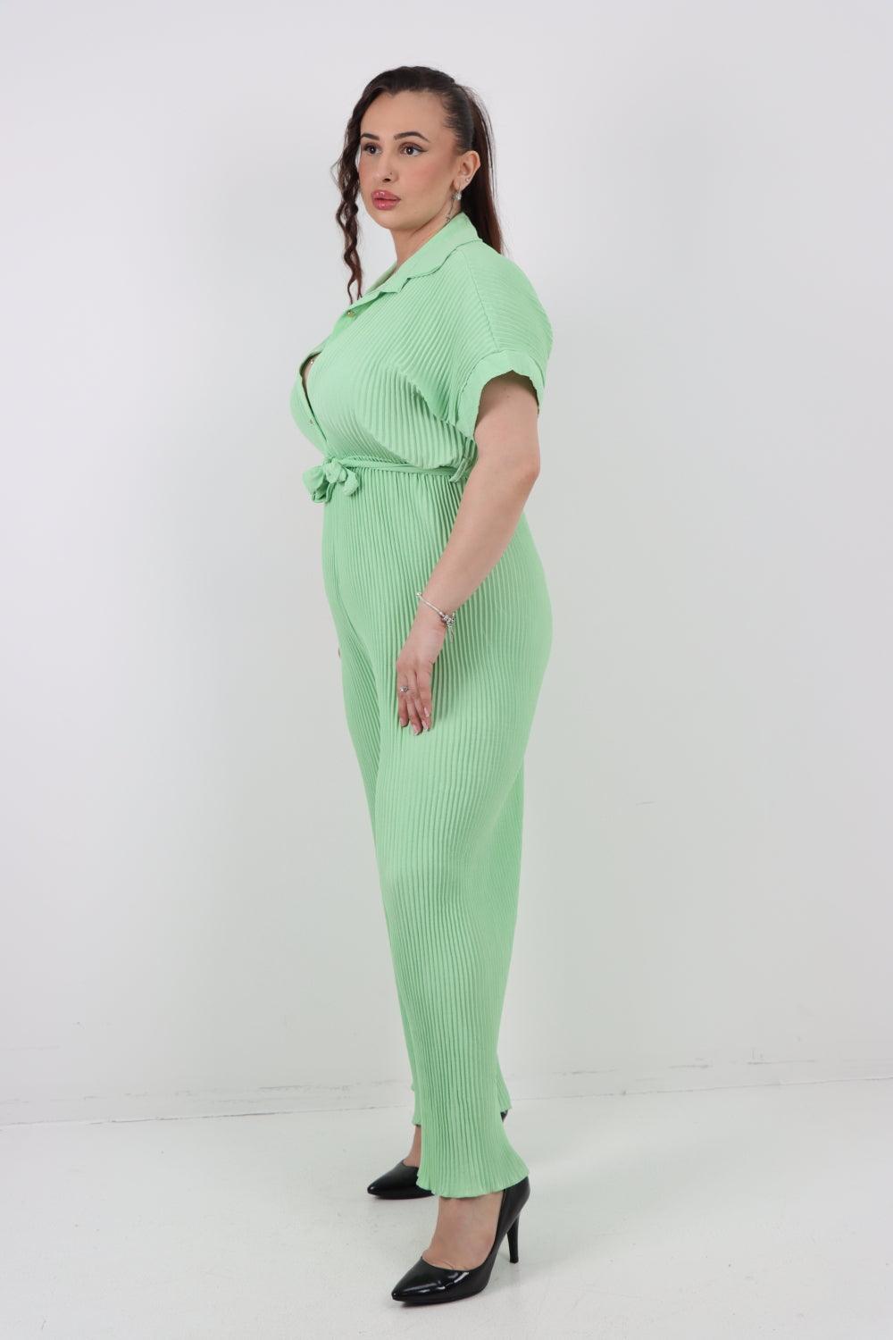 Pleated Waist Tie Short Sleeve Jumpsuit - Lashra Fashion