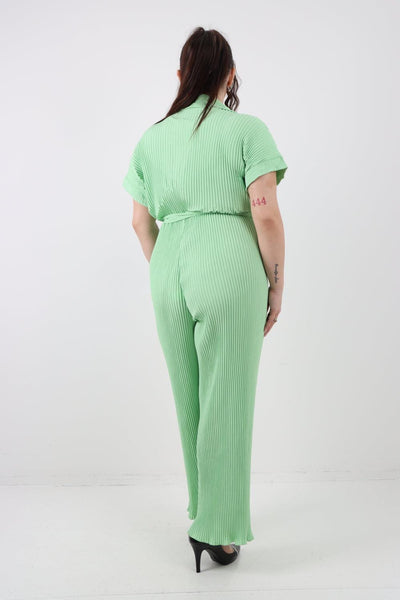 Pleated Waist Tie Short Sleeve Jumpsuit - Lashra Fashion