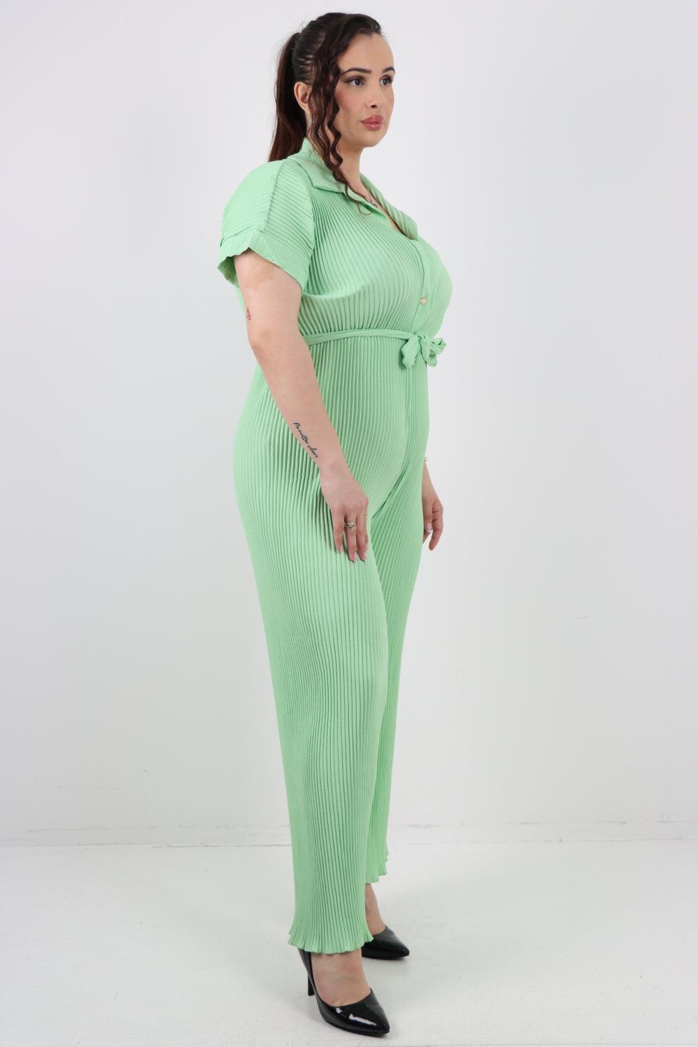 Pleated Waist Tie Short Sleeve Jumpsuit - Lashra Fashion