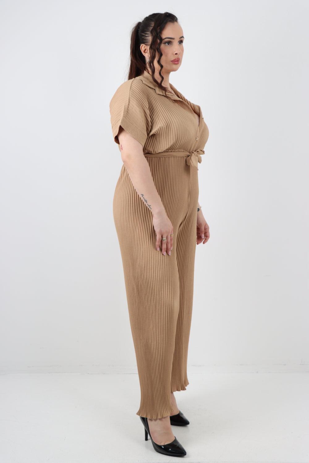 Pleated Waist Tie Short Sleeve Jumpsuit - Lashra Fashion