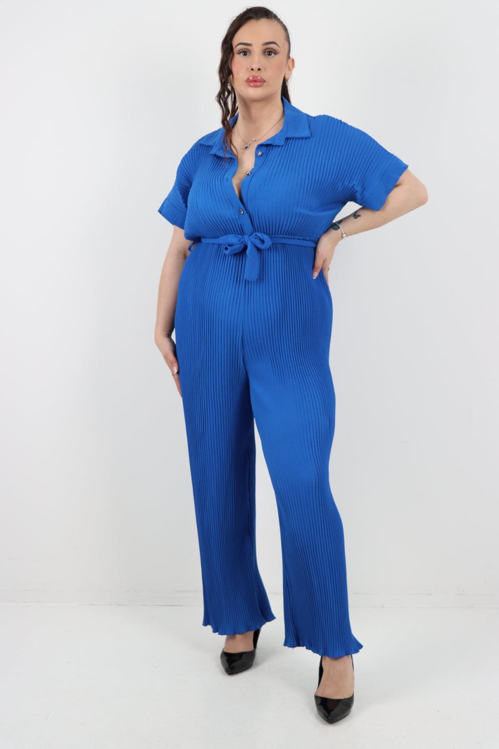 Pleated Waist Tie Short Sleeve Jumpsuit - Lashra Fashion