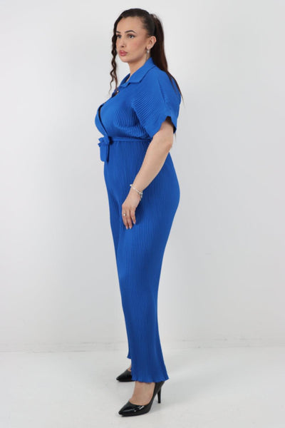 Pleated Waist Tie Short Sleeve Jumpsuit - Lashra Fashion