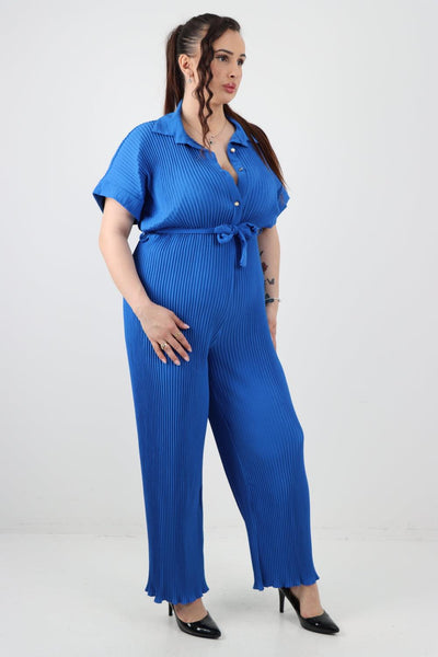 Pleated Waist Tie Short Sleeve Jumpsuit - Lashra Fashion