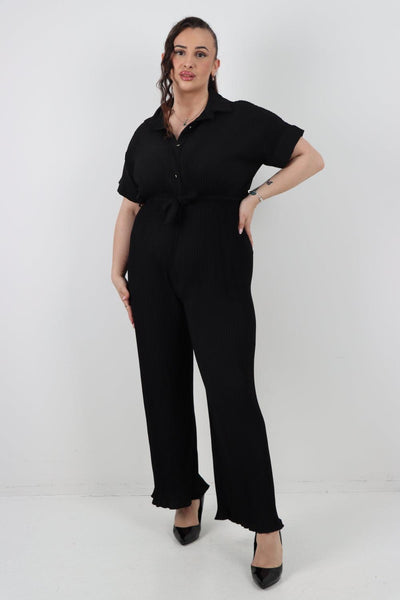 Pleated Waist Tie Short Sleeve Jumpsuit - Lashra Fashion