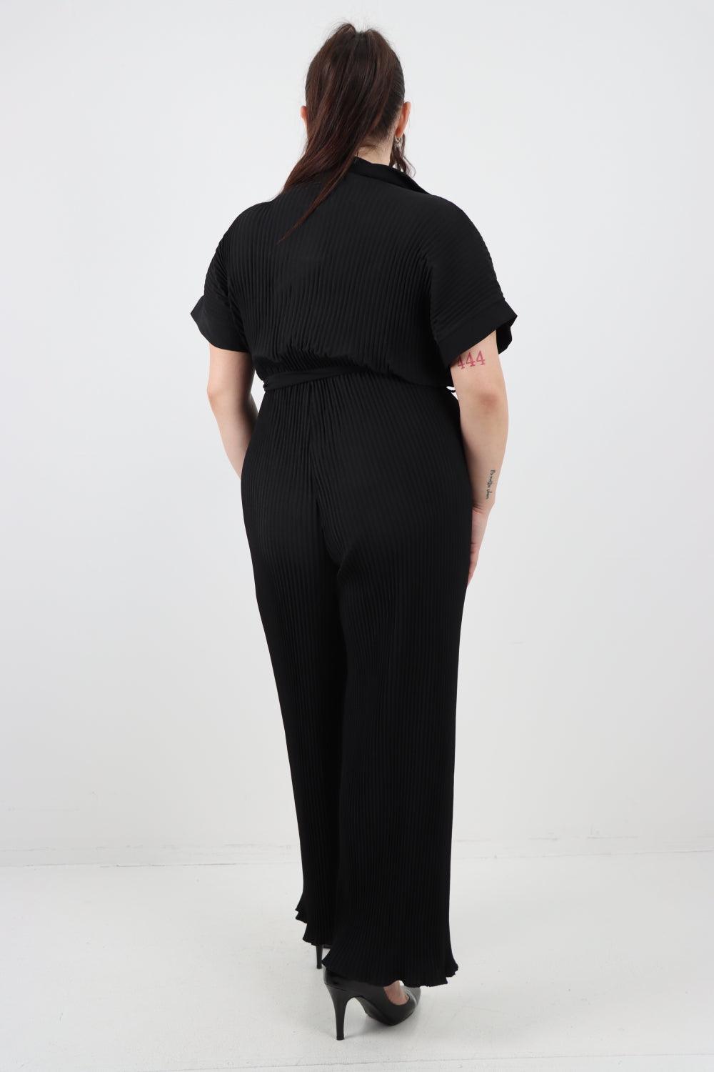 Pleated Waist Tie Short Sleeve Jumpsuit - Lashra Fashion