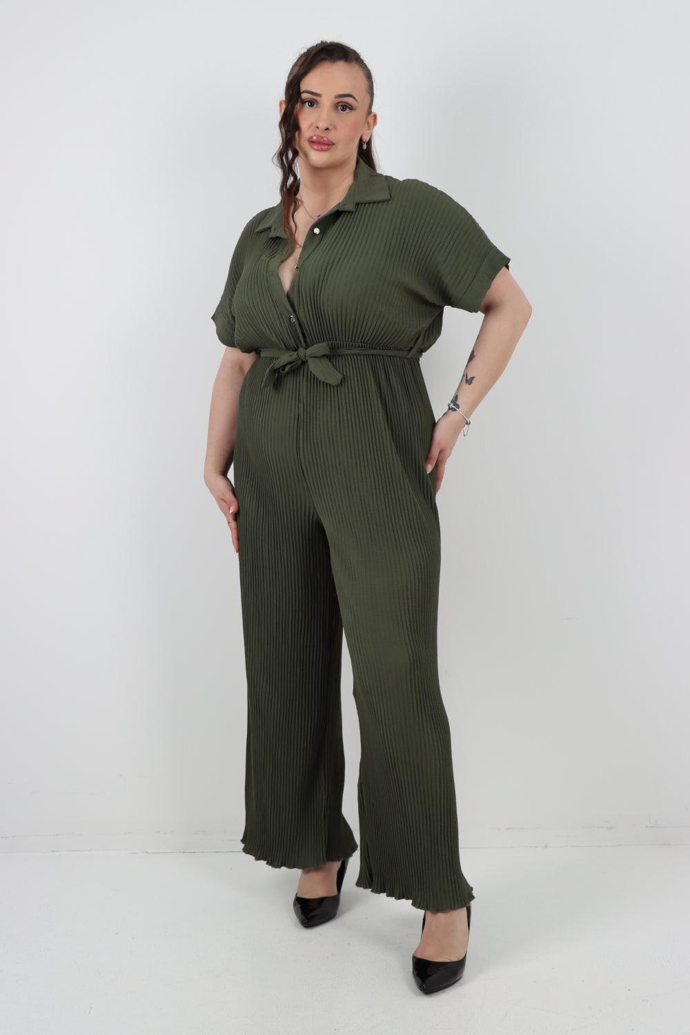 Pleated Waist Tie Short Sleeve Jumpsuit - Lashra Fashion