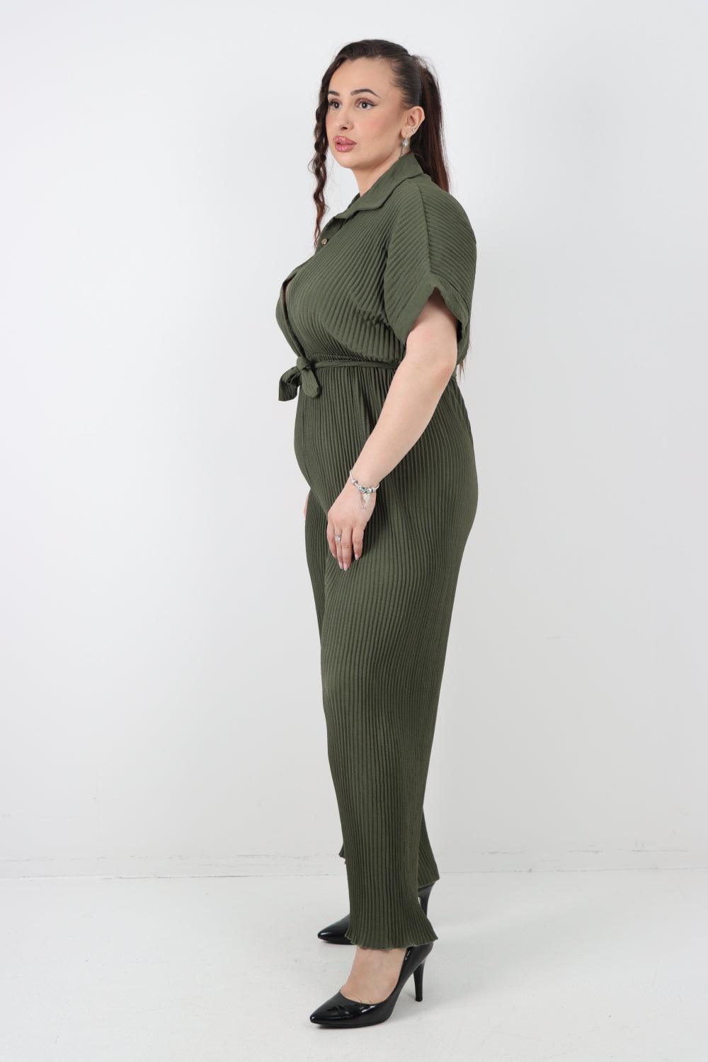 Pleated Waist Tie Short Sleeve Jumpsuit - Lashra Fashion