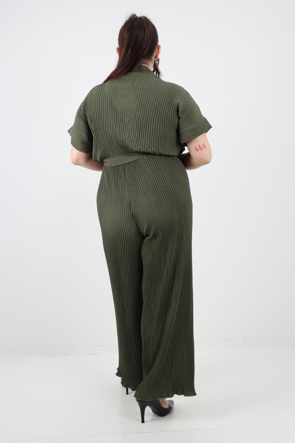 Pleated Waist Tie Short Sleeve Jumpsuit - Lashra Fashion