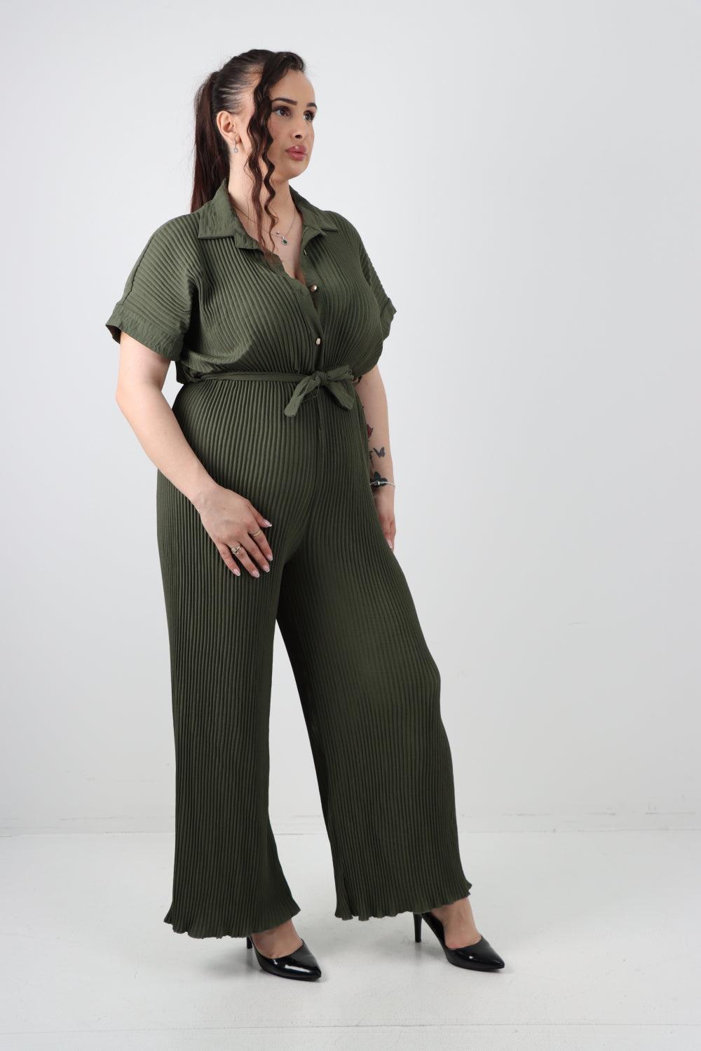 Pleated Waist Tie Short Sleeve Jumpsuit - Lashra Fashion