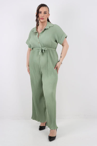 Pleated Waist Tie Short Sleeve Jumpsuit - Lashra Fashion