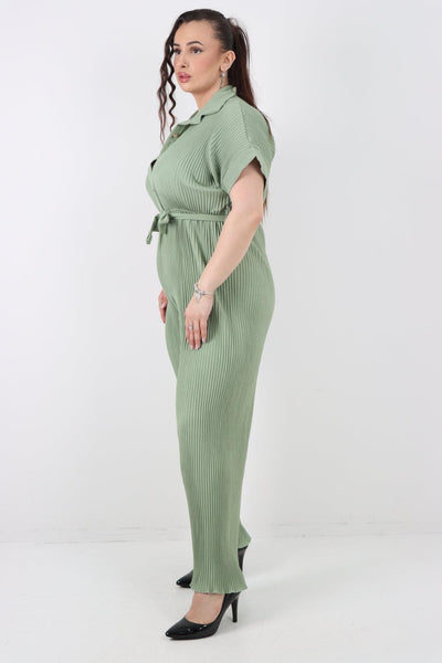 Pleated Waist Tie Short Sleeve Jumpsuit - Lashra Fashion