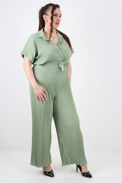 Pleated Waist Tie Short Sleeve Jumpsuit - Lashra Fashion