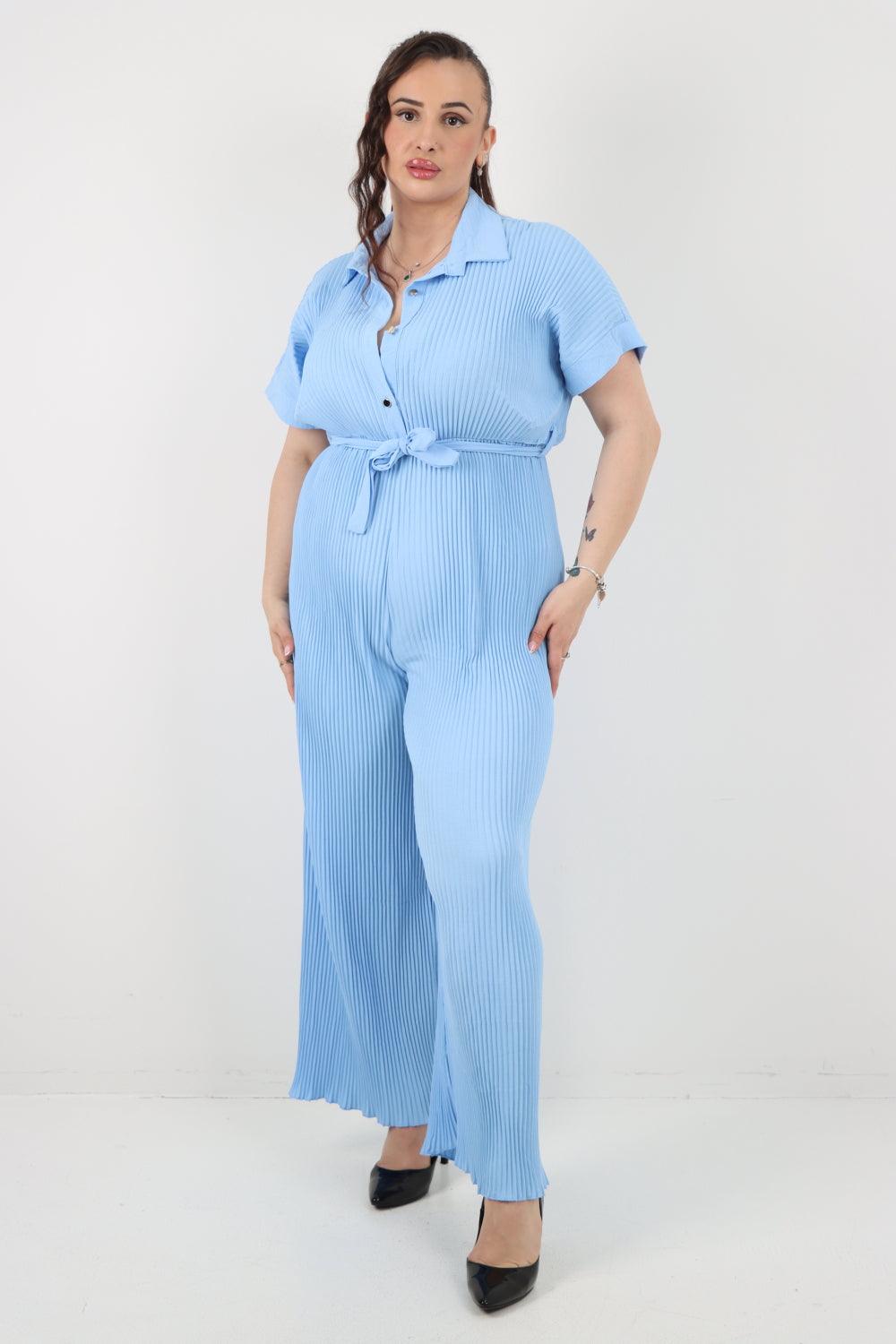 Pleated Waist Tie Short Sleeve Jumpsuit - Lashra Fashion