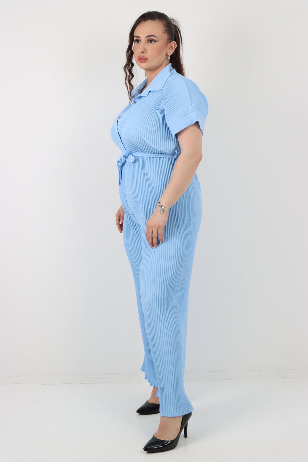 Pleated Waist Tie Short Sleeve Jumpsuit - Lashra Fashion