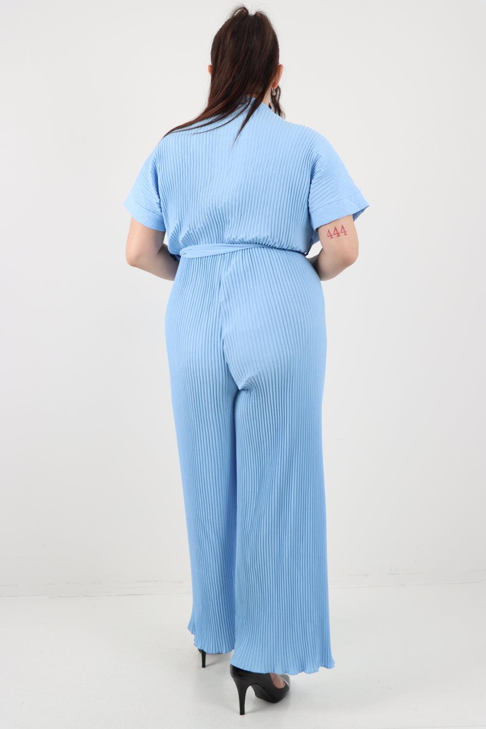 Pleated Waist Tie Short Sleeve Jumpsuit - Lashra Fashion