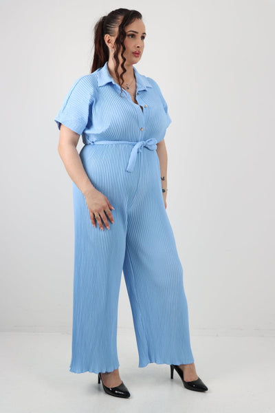 Pleated Waist Tie Short Sleeve Jumpsuit - Lashra Fashion