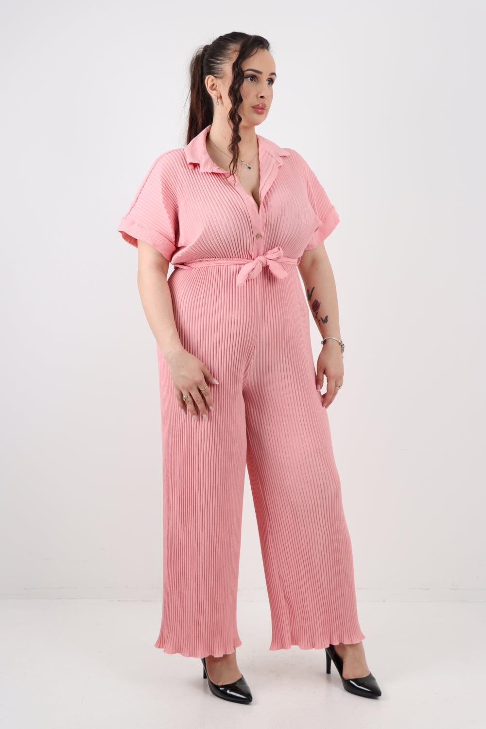 Pleated Waist Tie Short Sleeve Jumpsuit - Lashra Fashion