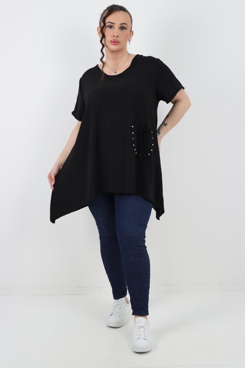 Stud Pocket Tie Detail Hanky Hem Tunic Top - Lashra Fashion