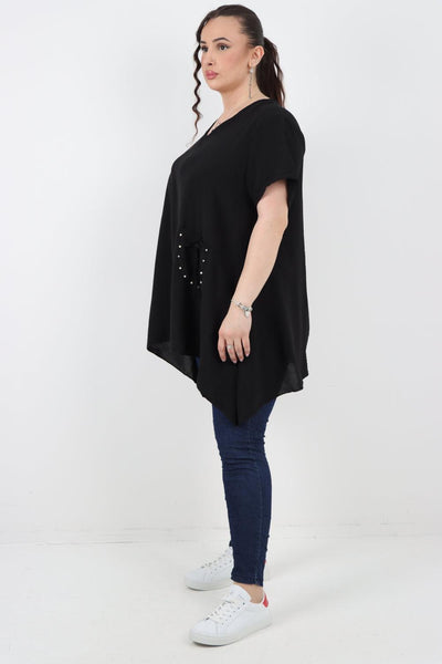 Stud Pocket Tie Detail Hanky Hem Tunic Top - Lashra Fashion