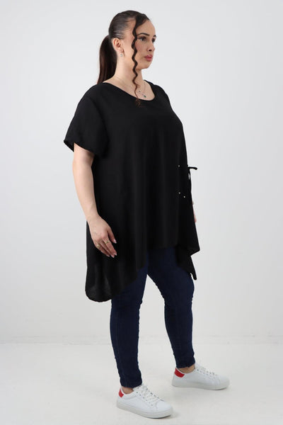 Stud Pocket Tie Detail Hanky Hem Tunic Top - Lashra Fashion